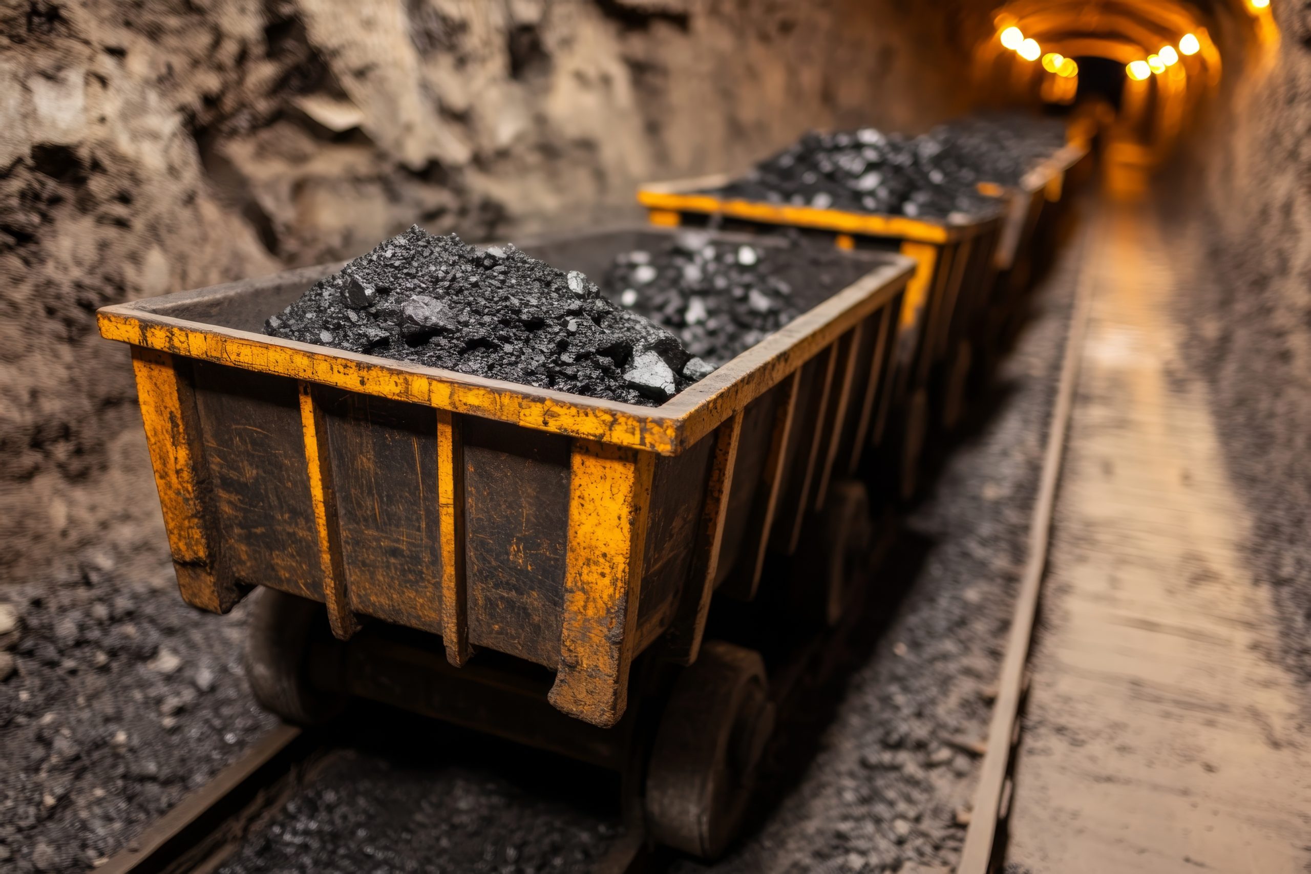 Coal carts transporting mined material through a dimly lit tunnel at an underground mining site