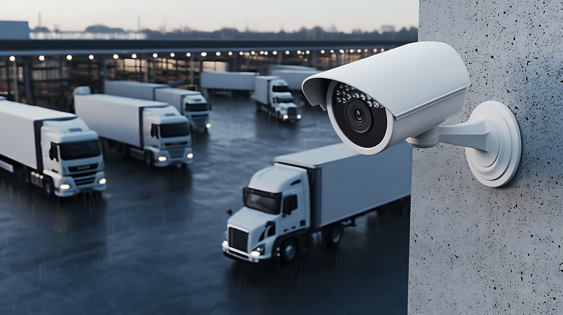 Security camera monitoring trucks at a depot, ensuring safety and preventing theft. Advanced surveillance systems provide enhanced security in logistics.