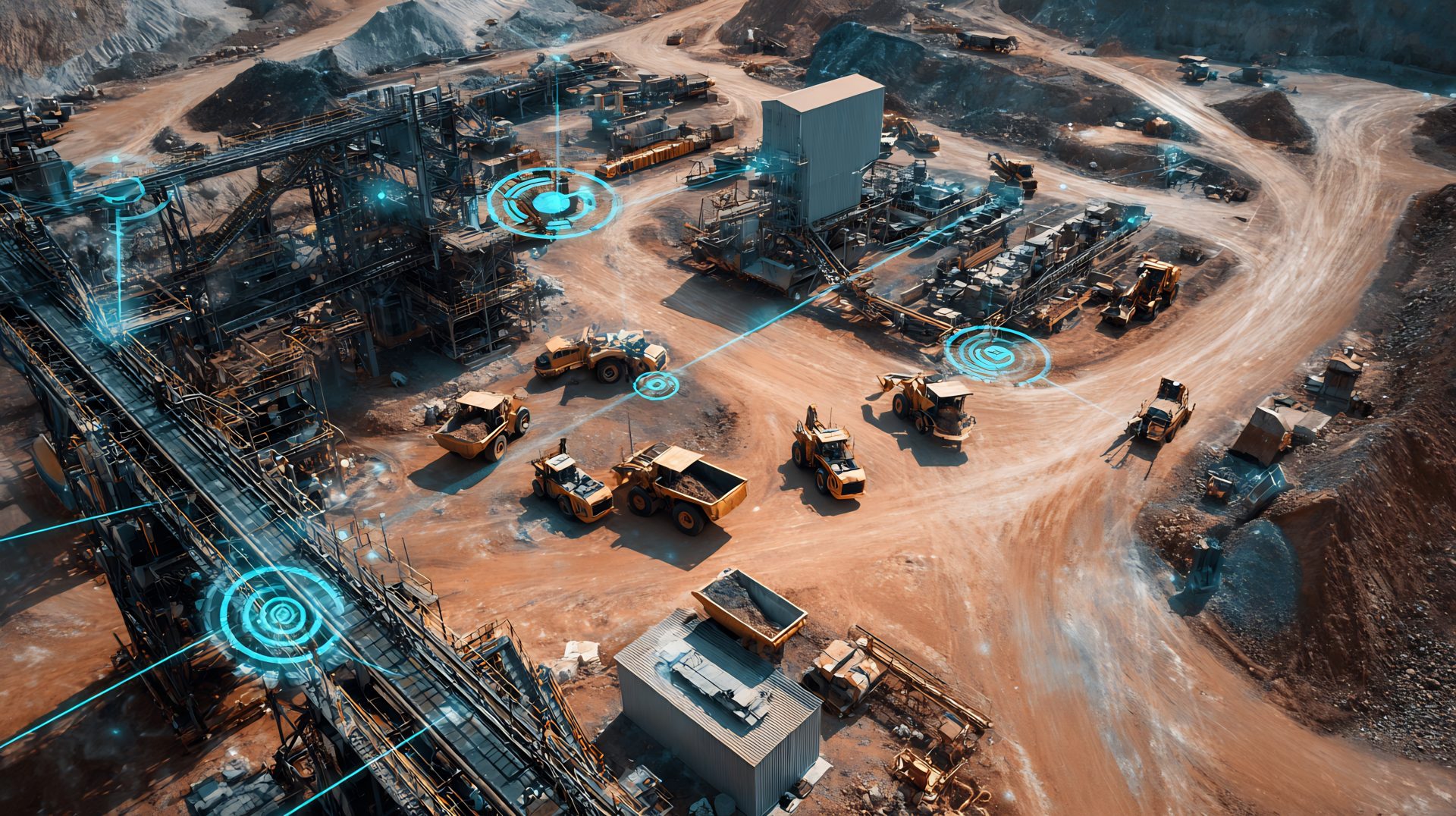 Aerial view of smart mining operation with autonomous heavy machinery and digital holographic interfaces
