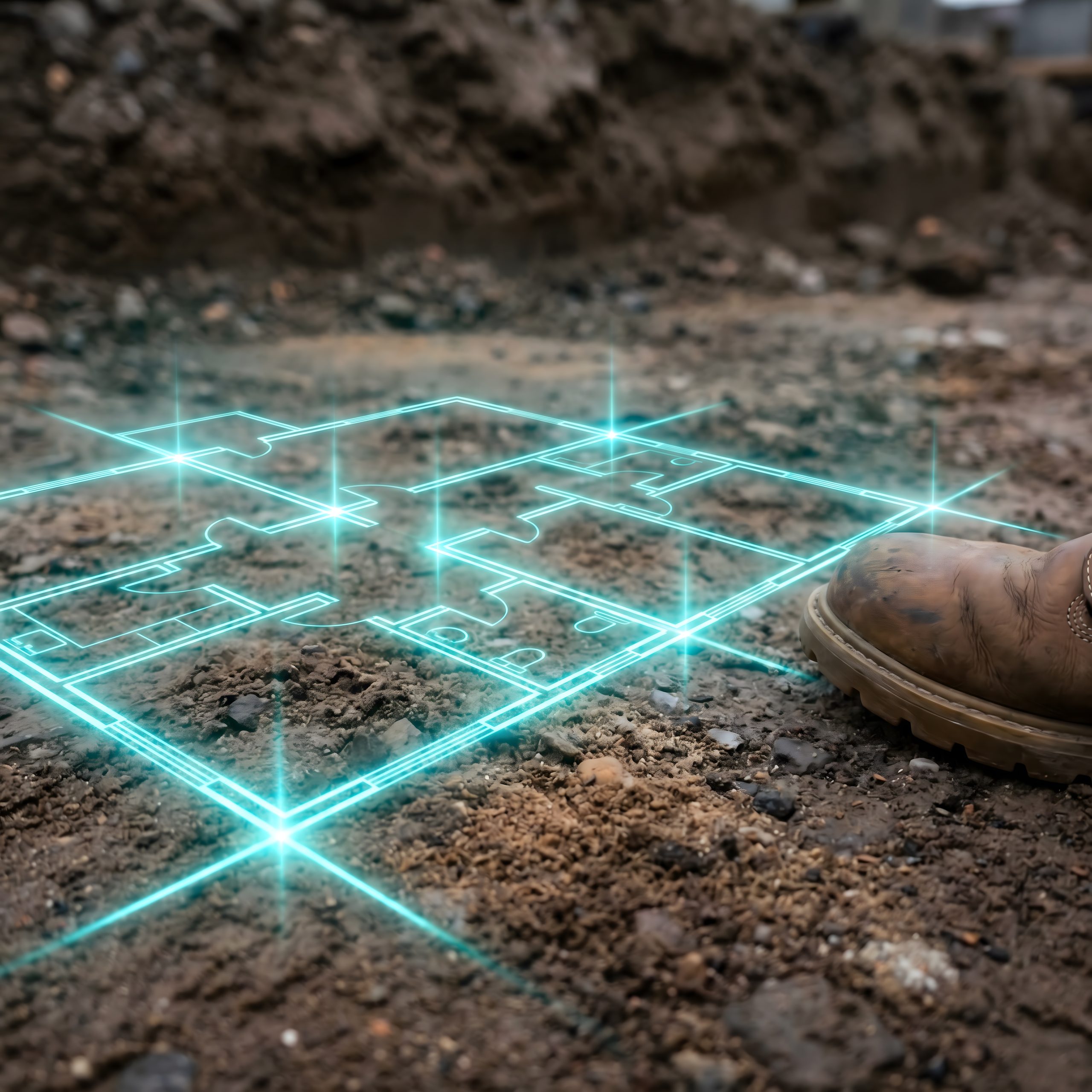 Holographic floor plan projected on construction site ground near worker boot