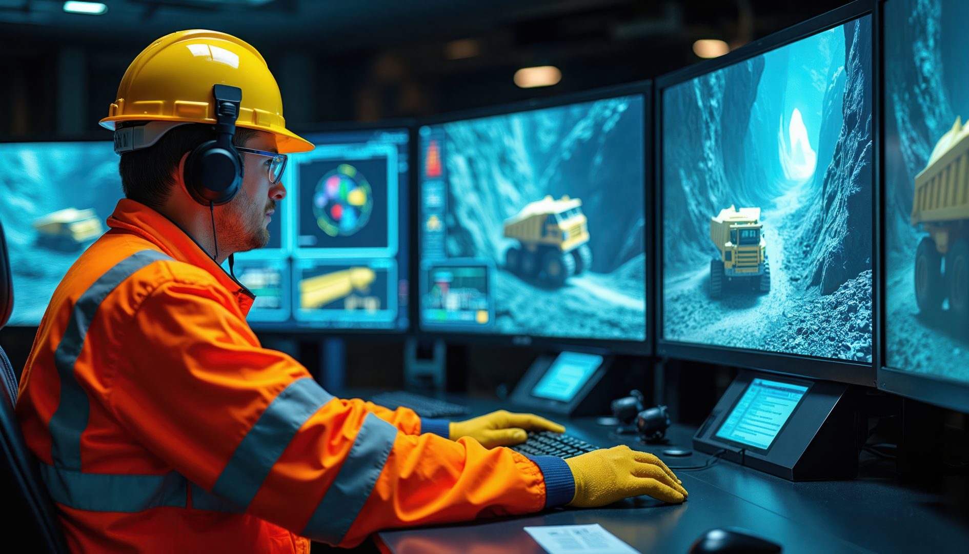 Mining control room operator monitors haul trucks on screens. Person uses computers and headset in modern mine operations center. Digital tech manages heavy equipment.