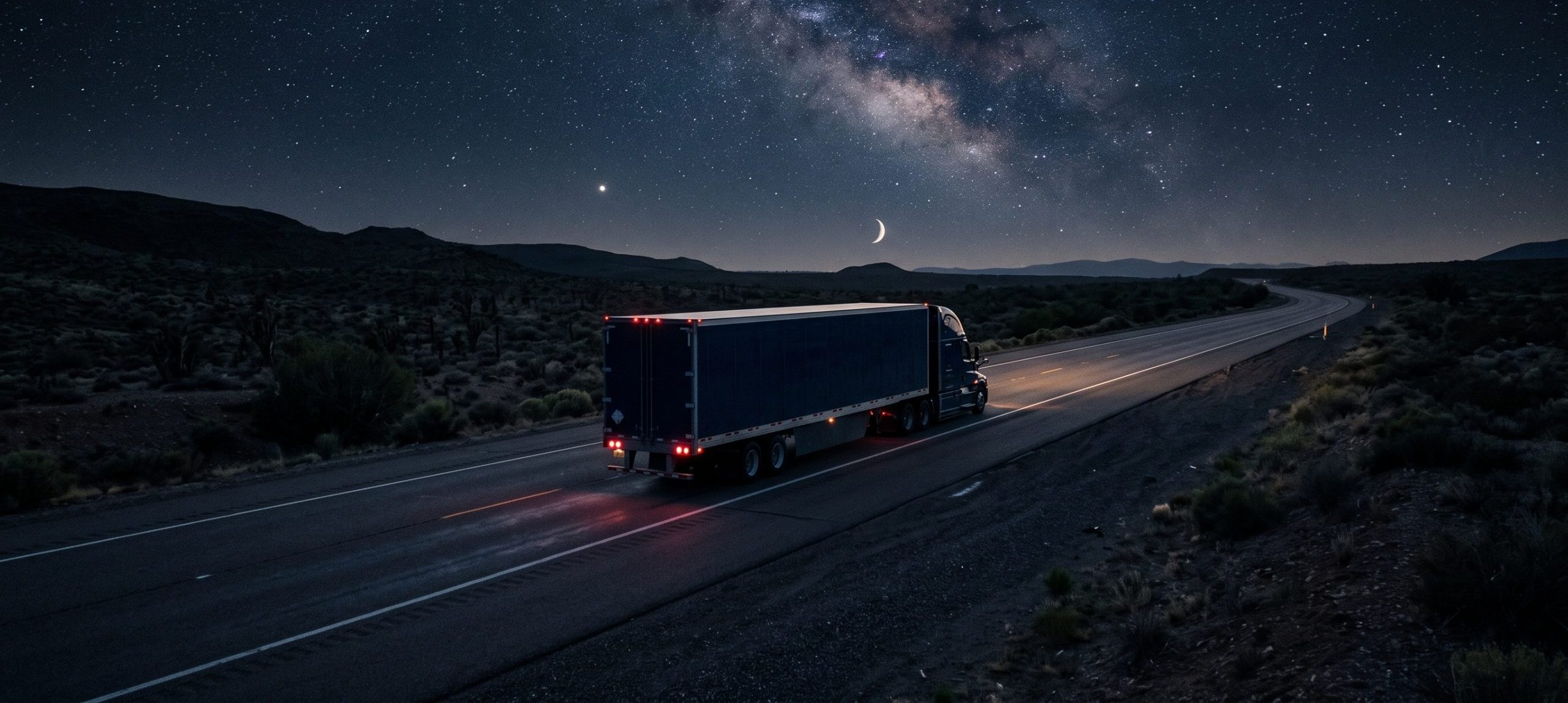 Semi Truck Drives Down Desert Highway Under a Starry Night Sky and Milky Way