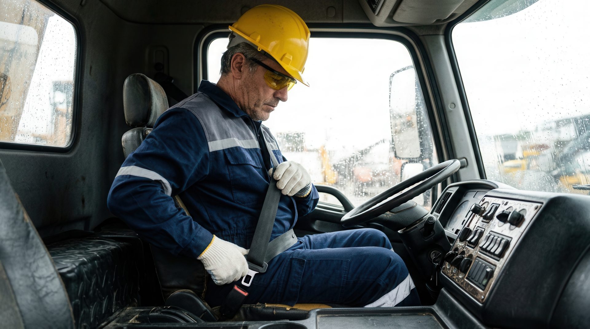 Safety at an industrial site: male driver fastens his seat belt inside a large dump truck