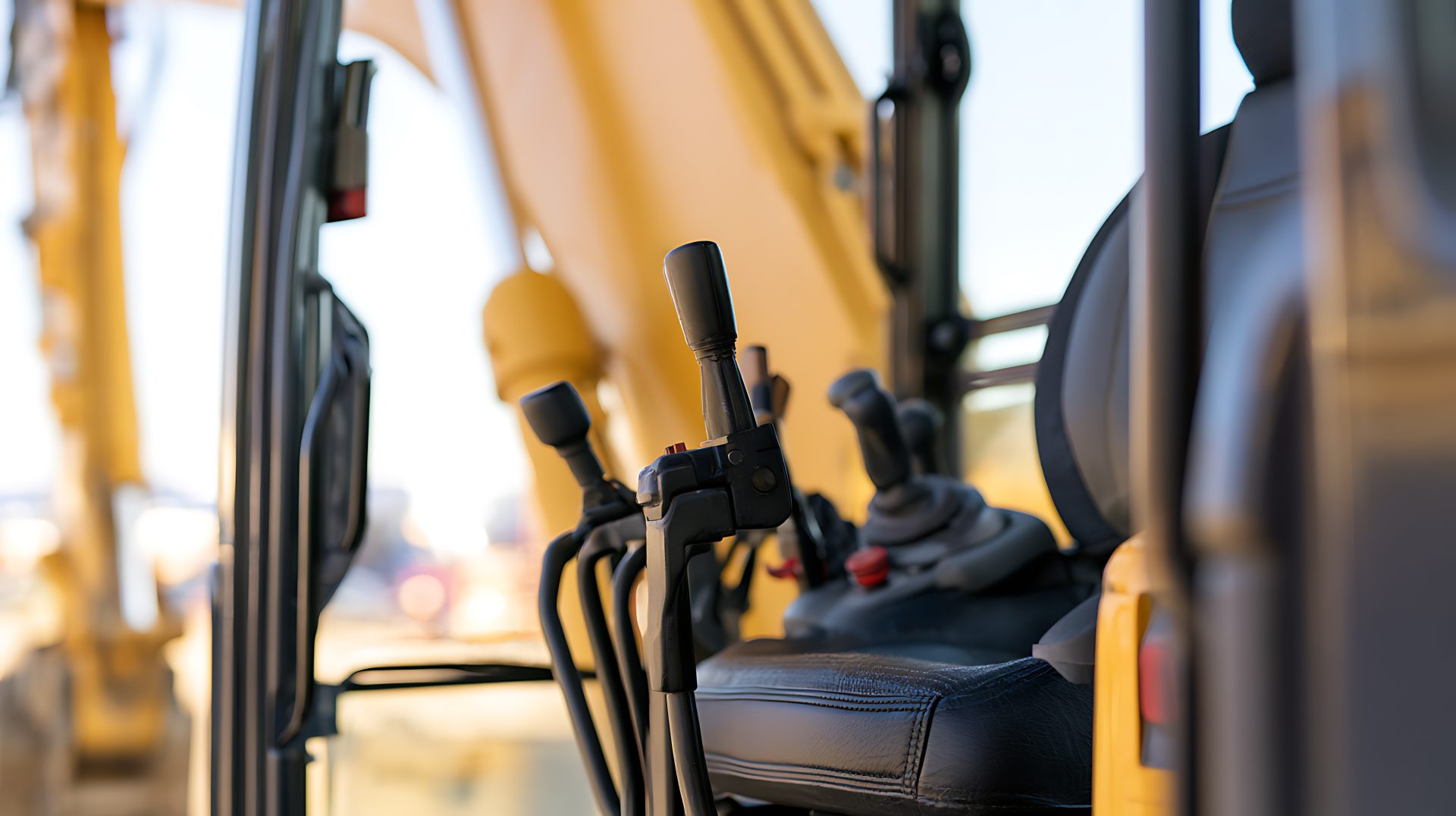 Interior view of an industrial excavator cabin showcasing control levers, joysticks, driver seat, and heavy machinery structure outside