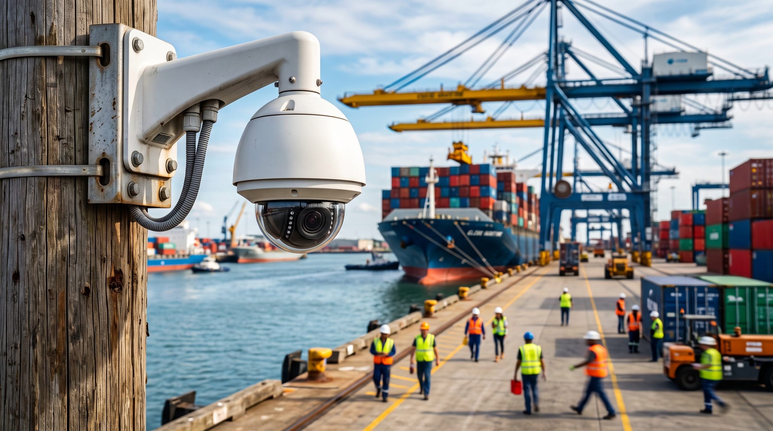 Harbor security camera, Security camera overlooking workers on a busy shipping port with containers