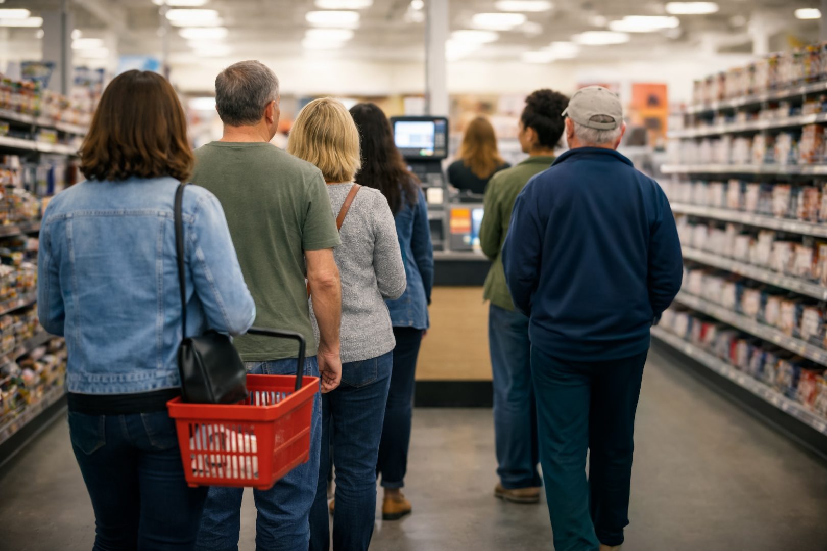 scene of customers waiting in a queue at a grocery store checkout counter. retail economy. no faces.