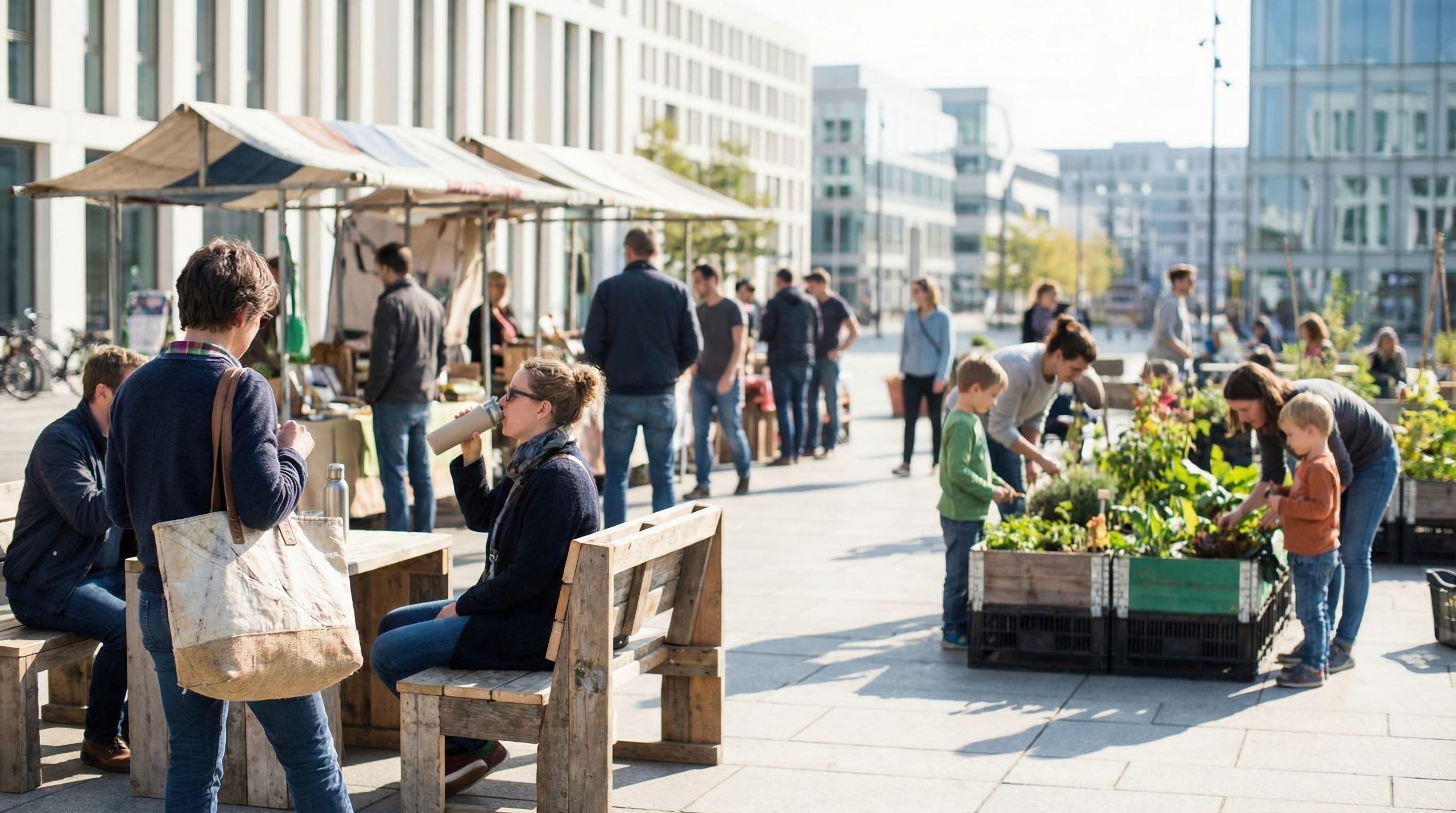 Wide Lifestyle Scene of People Using Recycled Products in Everyday Urban Settings
