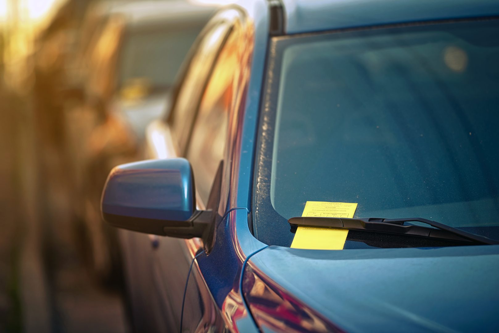 Yellow parking ticket over car windscreen wiper. Payment notice for parking penalty secured under car’s windshield wiper. Parking charge notice