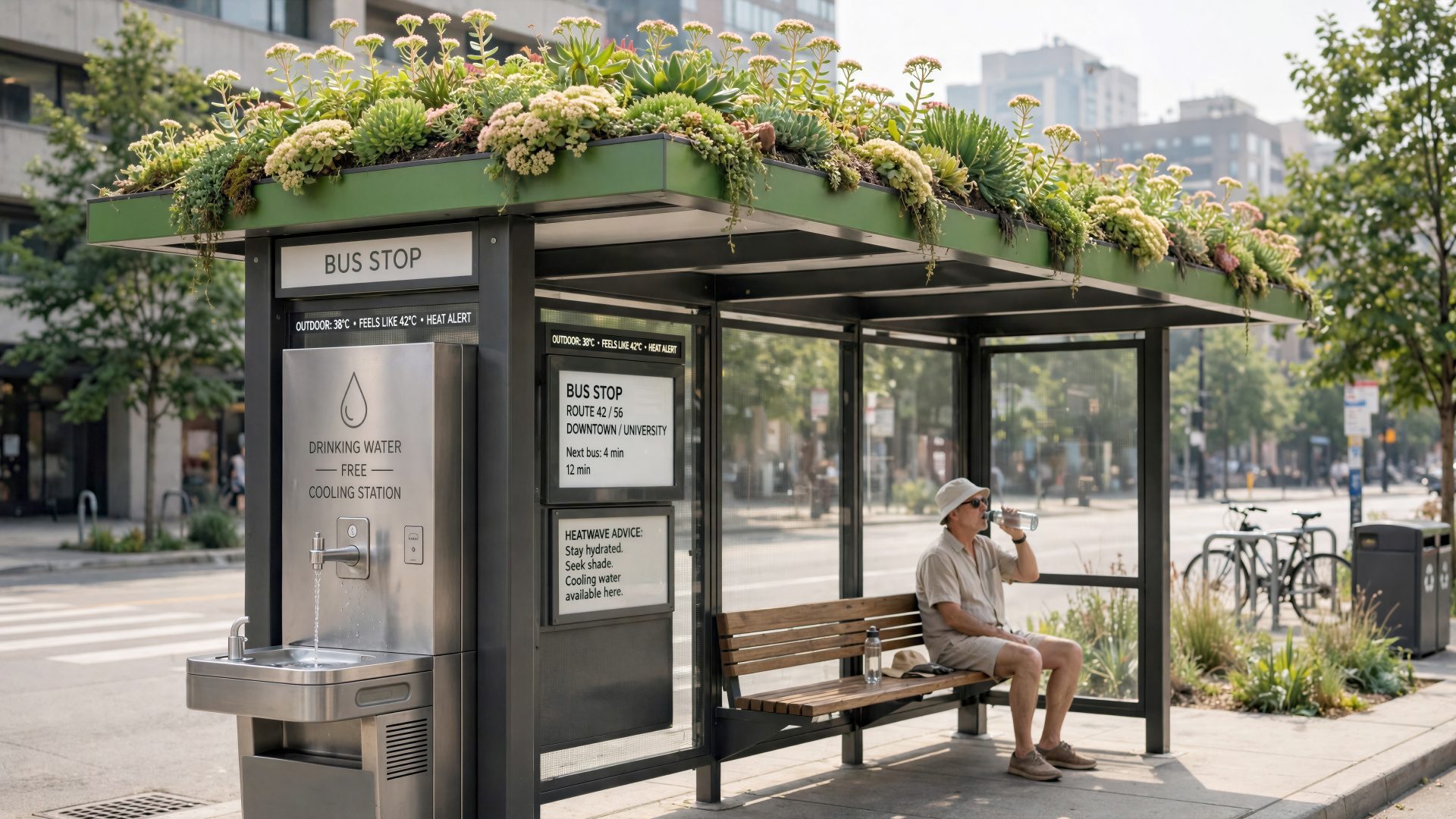 Sustainable bus stop with a green sedum roof and public drinking water fountain for heatwave relief in city
