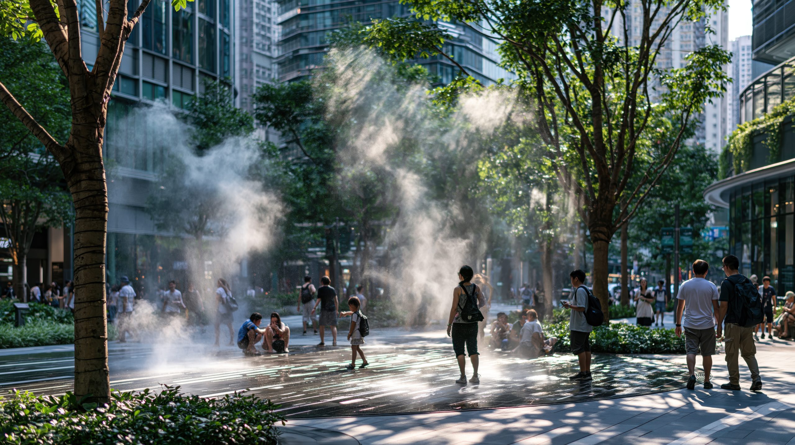 Cooling misting system in public plaza provides relief during summer