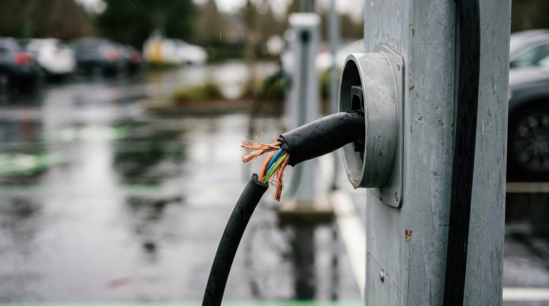 Broken electric vehicle charging station cable with exposed wires