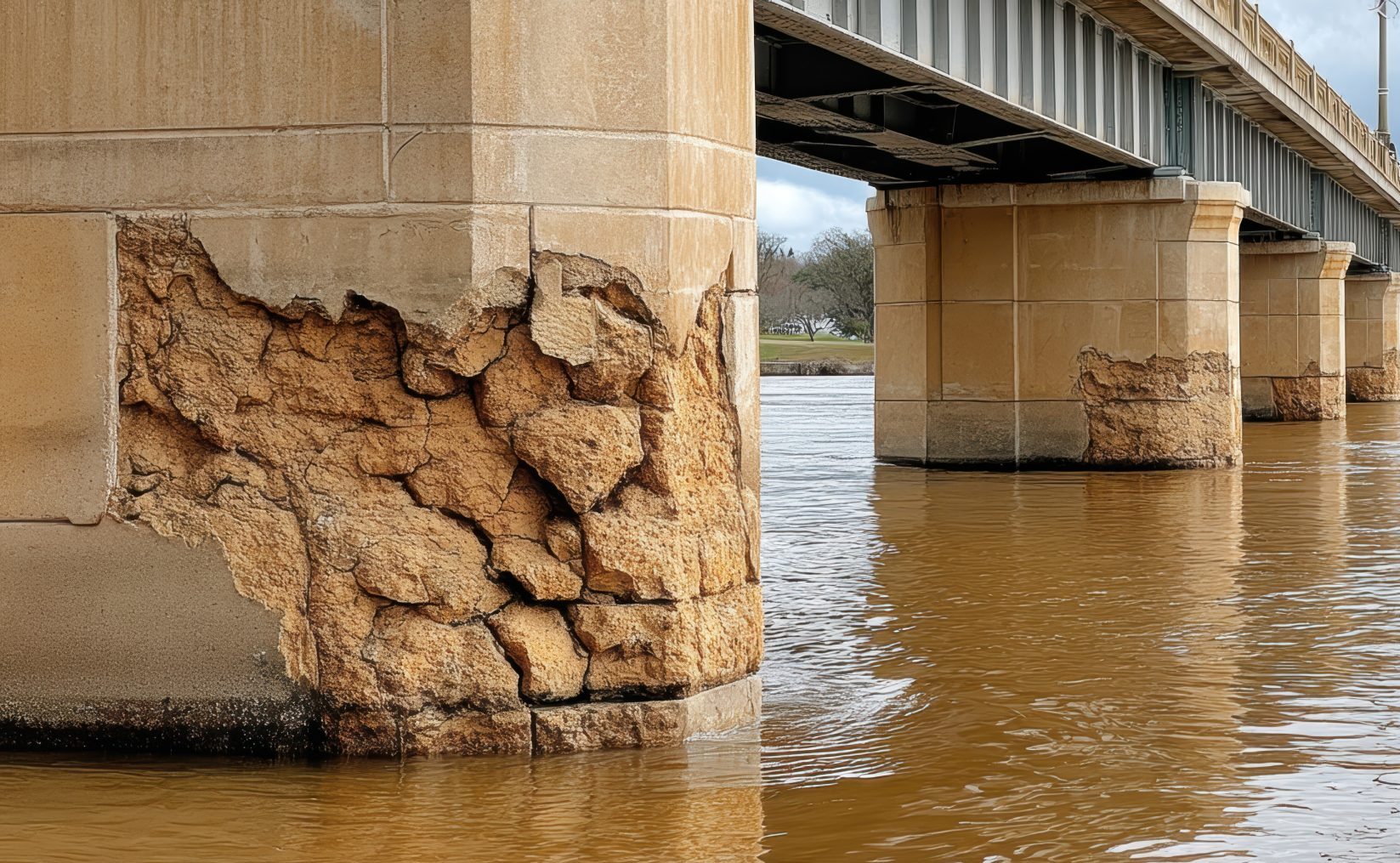 Water damage visible on a bridge support, with significant erosion and crumbling concrete – decaying failing damaged dilapidation