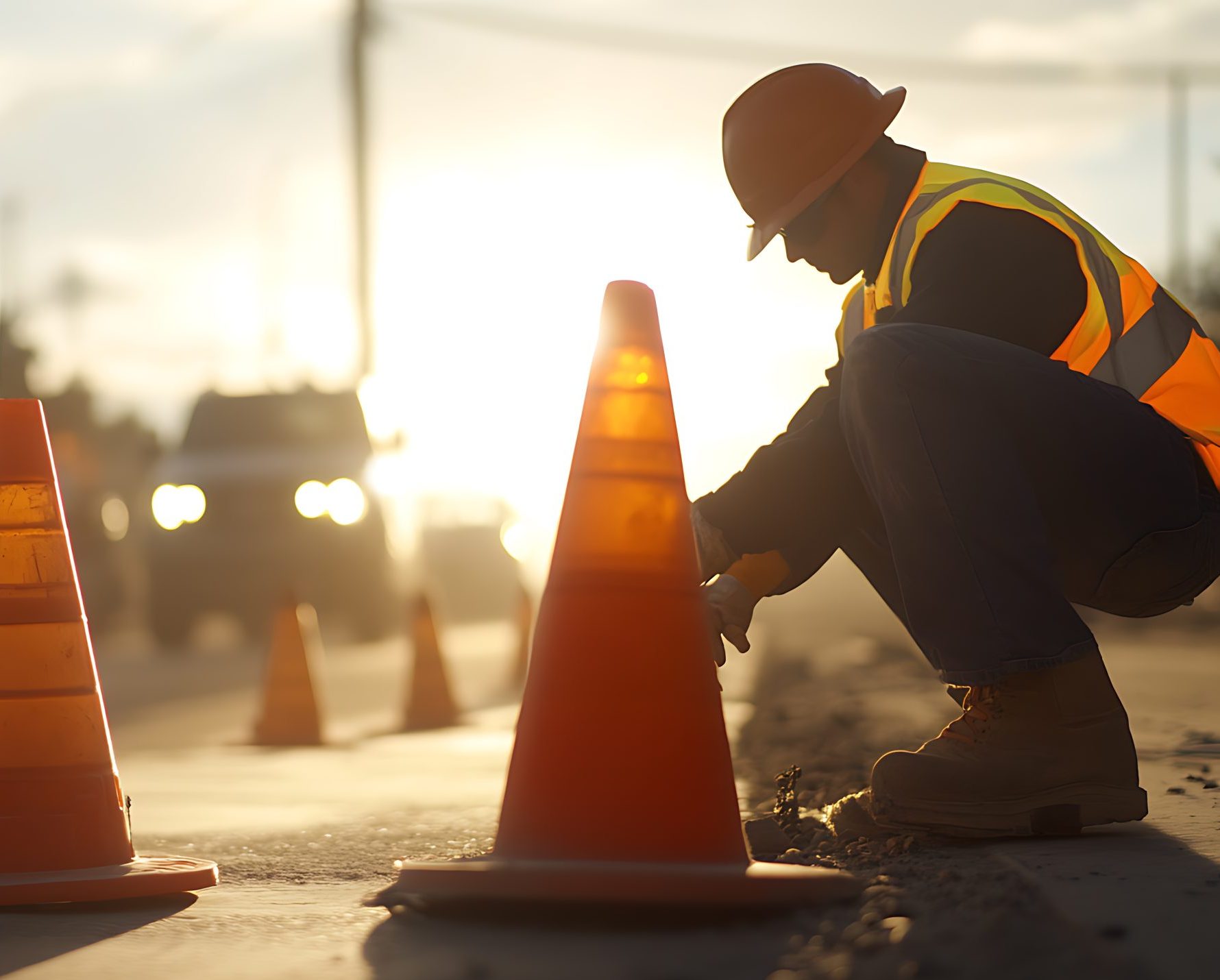 A road construction worker setting up traffic cones at a construction zone. Featuring safety and organization