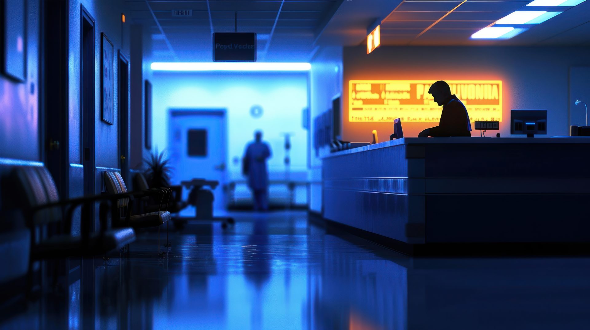 Hospital reception desk at night, a staff member working late.