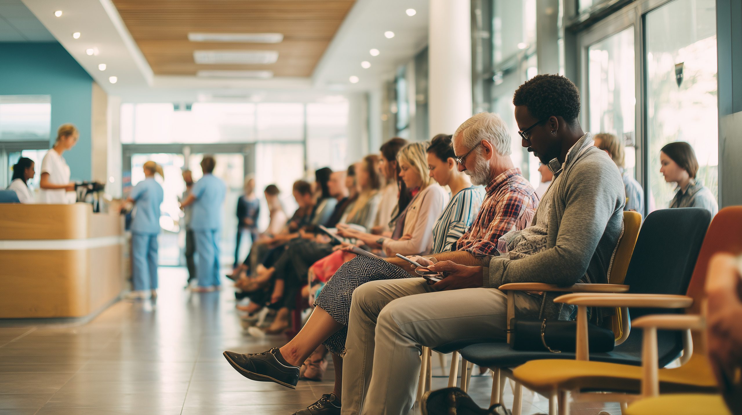 Busy hospital waiting room with diverse people seated, reflecting healthcare demand, patient flow, and everyday medical service environment.