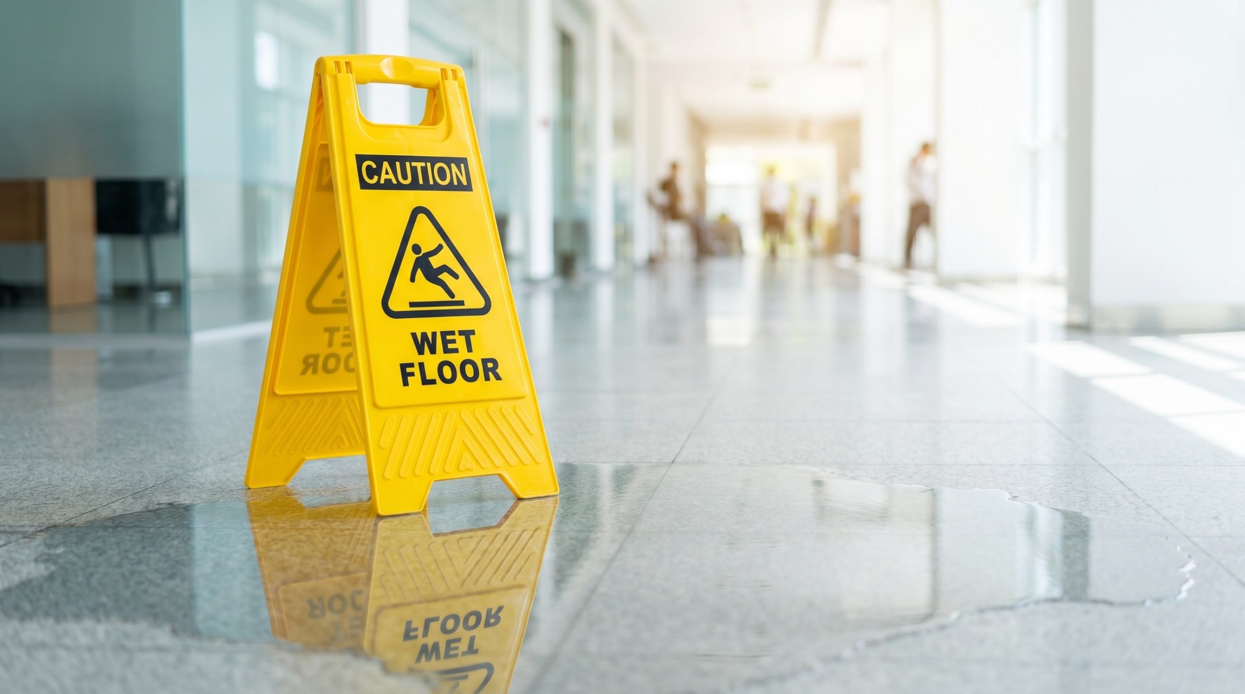 Yellow wet floor caution sign and a visible water puddle in a bright modern corridor. Slip and fall hazard safety prevention concept.