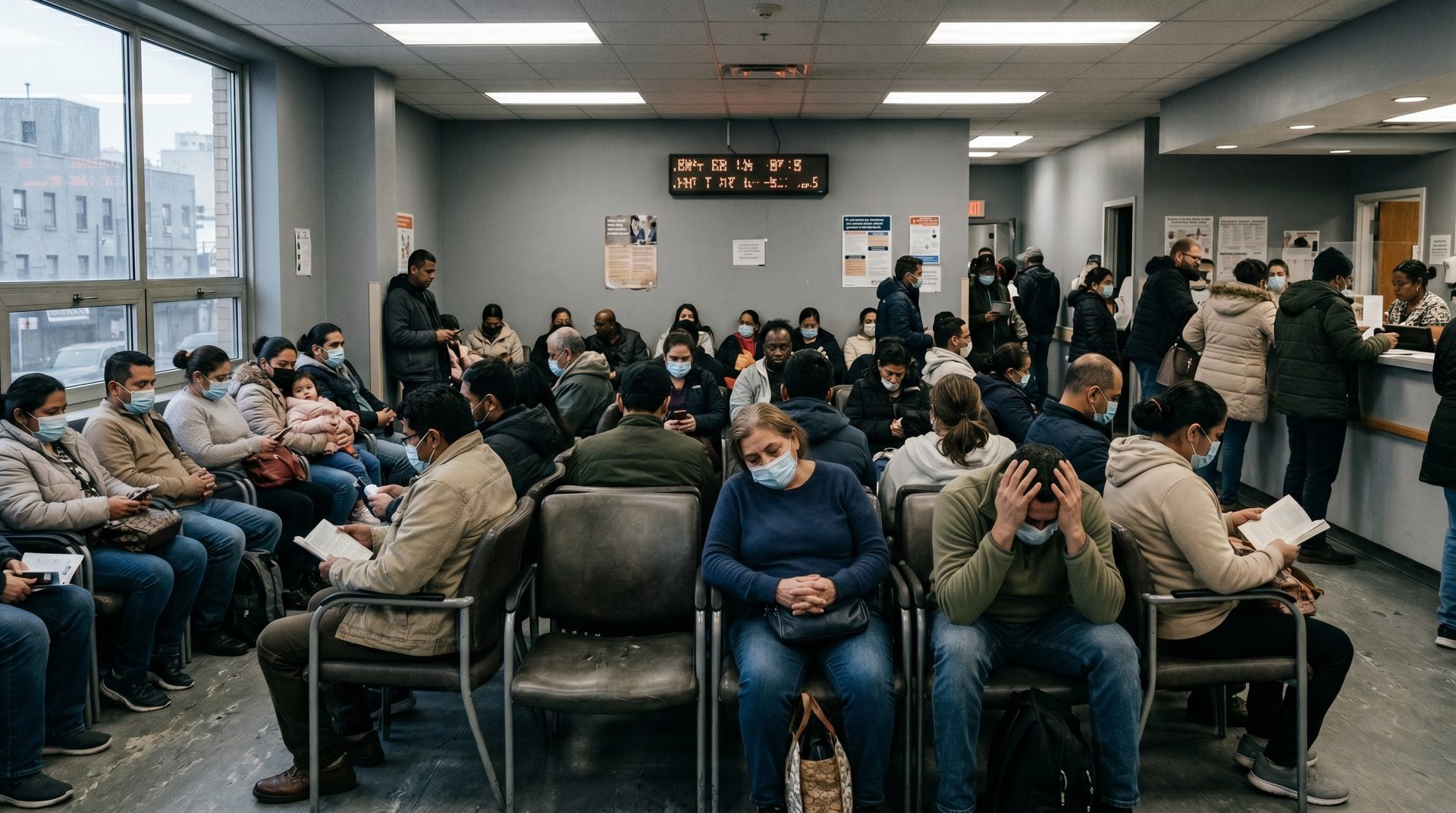 Crowded hospital waiting room with patients seated and standing in modern healthcare facility
