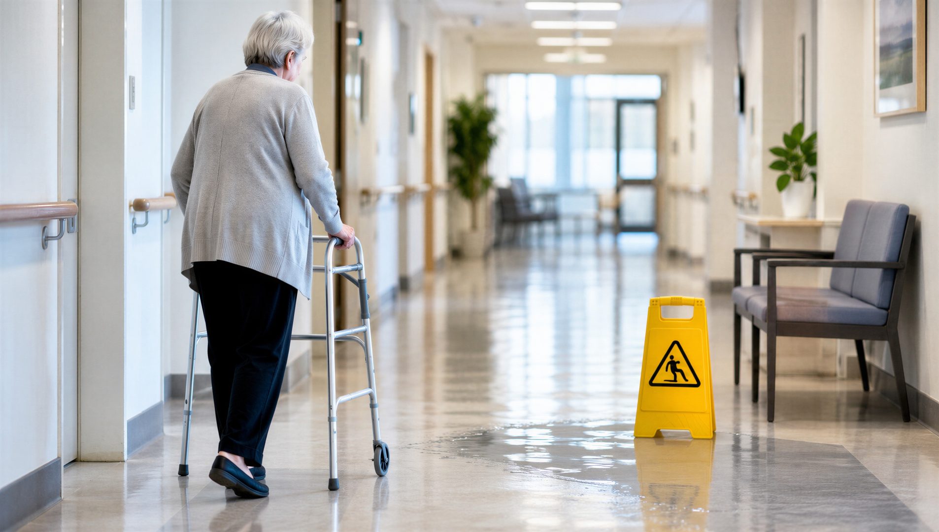 Elderly patient using a walker approaches a wet floor area marked by a warning sign in a healthcare corridor. Senior fall risk, patient safety and accident prevention concept.