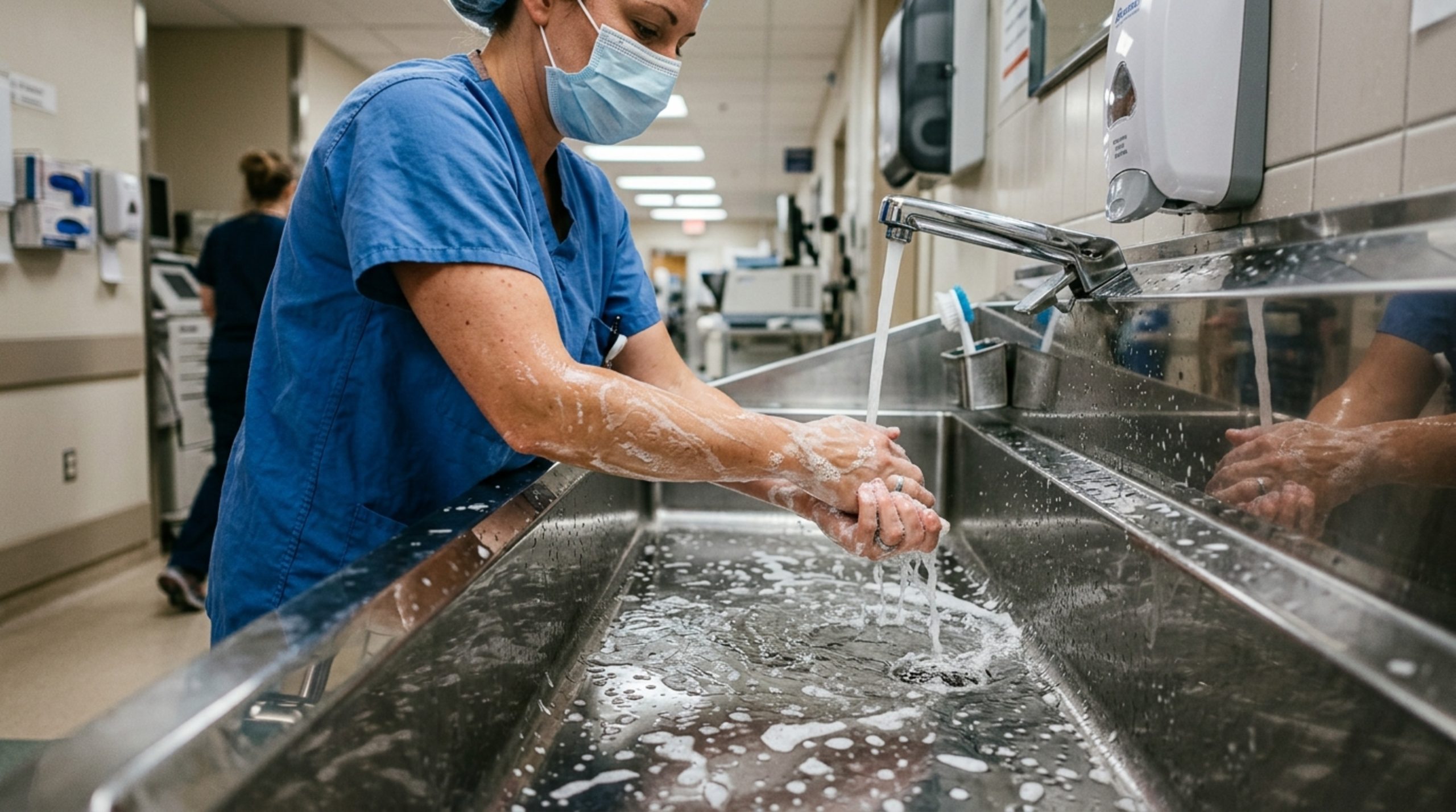 Nurse washing hands with soap and water in hospital sink for hygiene and infection control.
