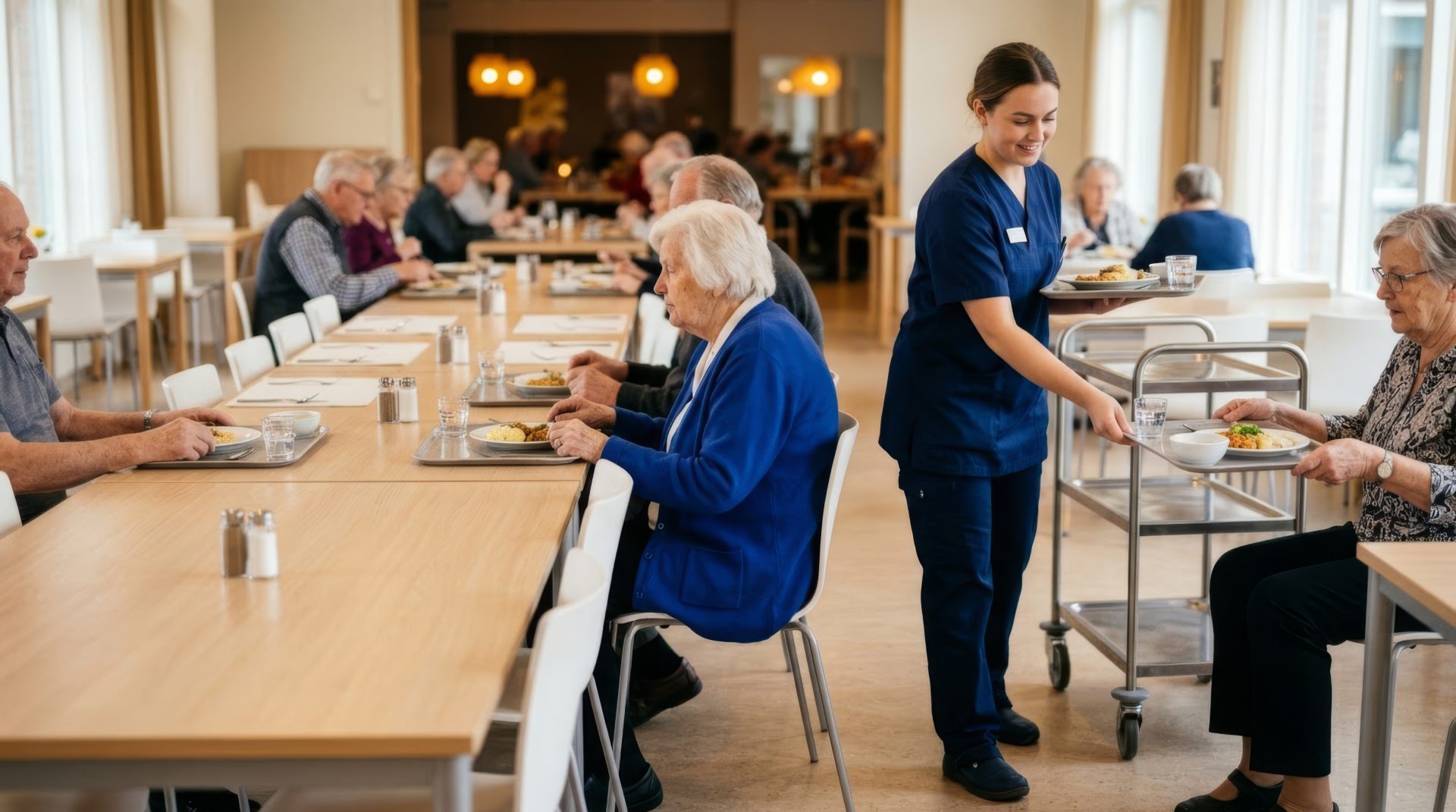 Caregiver serving meals to seniors at tables in a bright, modern nursing home dining room