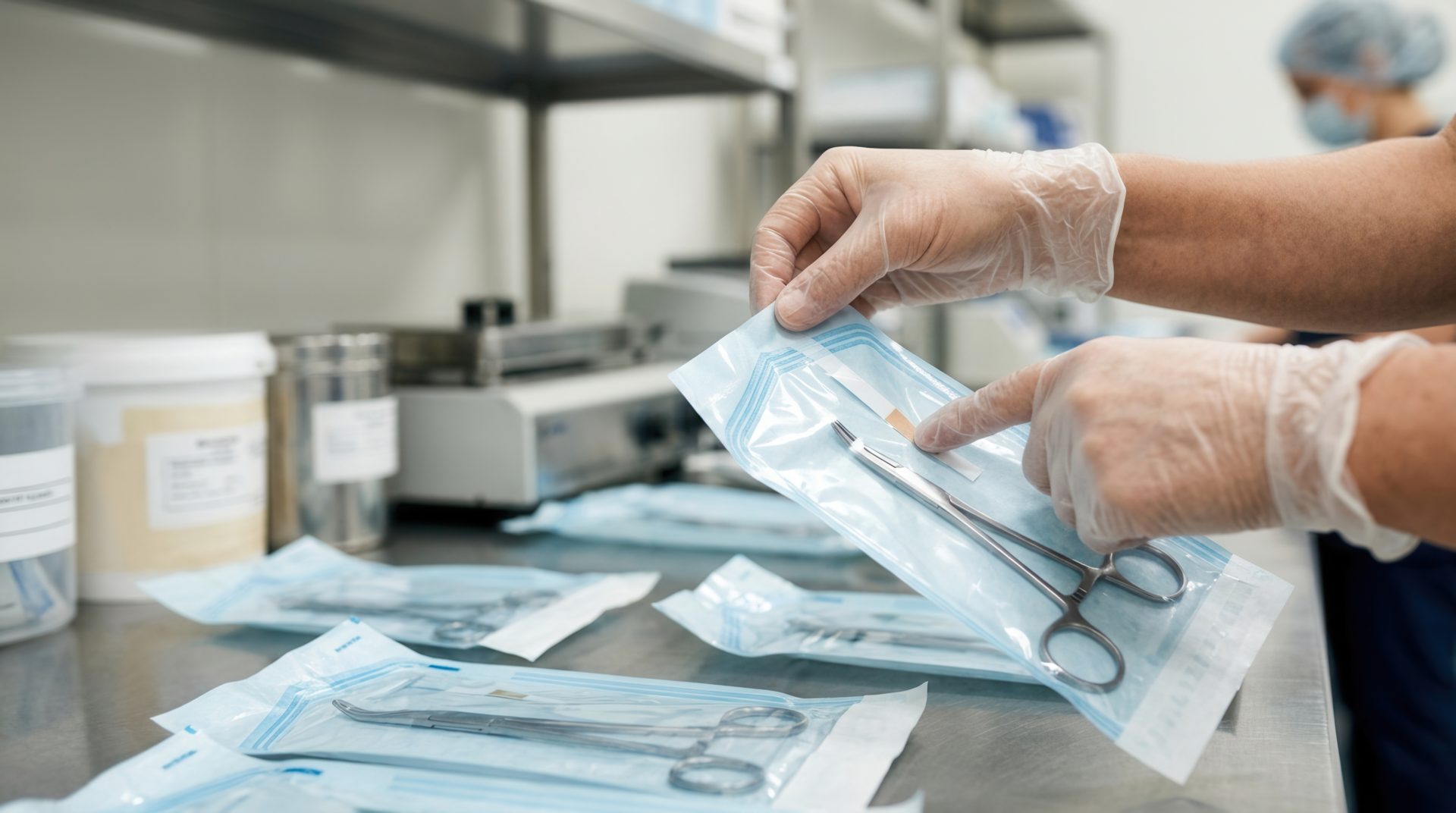 Sterile Surgical Instruments in Packaging, Healthcare Professional Handling Medical Tools