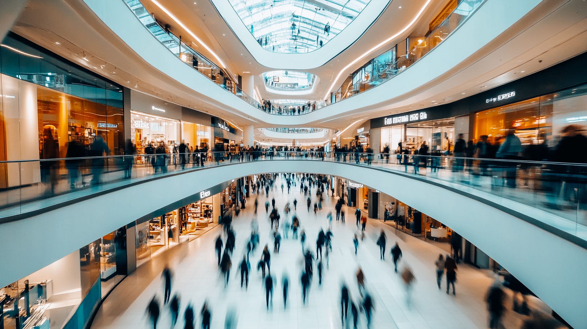 Airport or station lobby with crowd of people movement. Urban fast pass scene. Modern shopping mall interior with blurred silhouettes. Business center