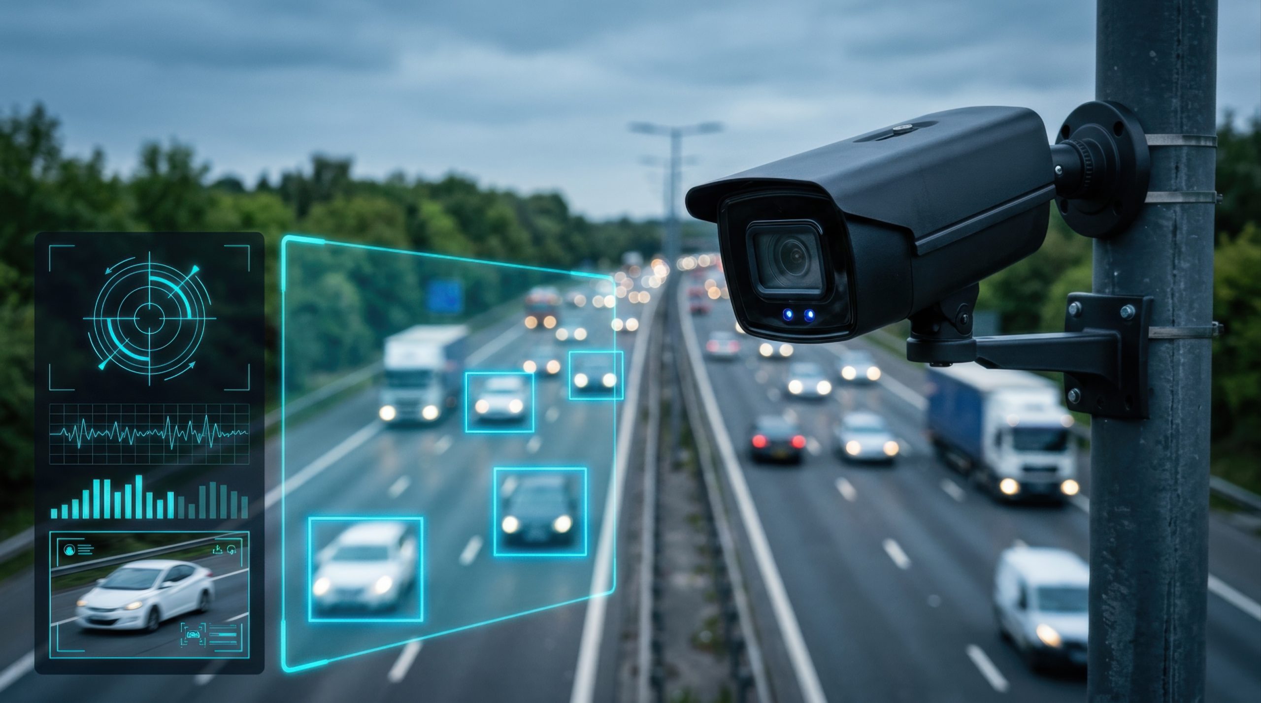 traffic surveillance camera monitoring vehicles on a busy highway during cloudy weather