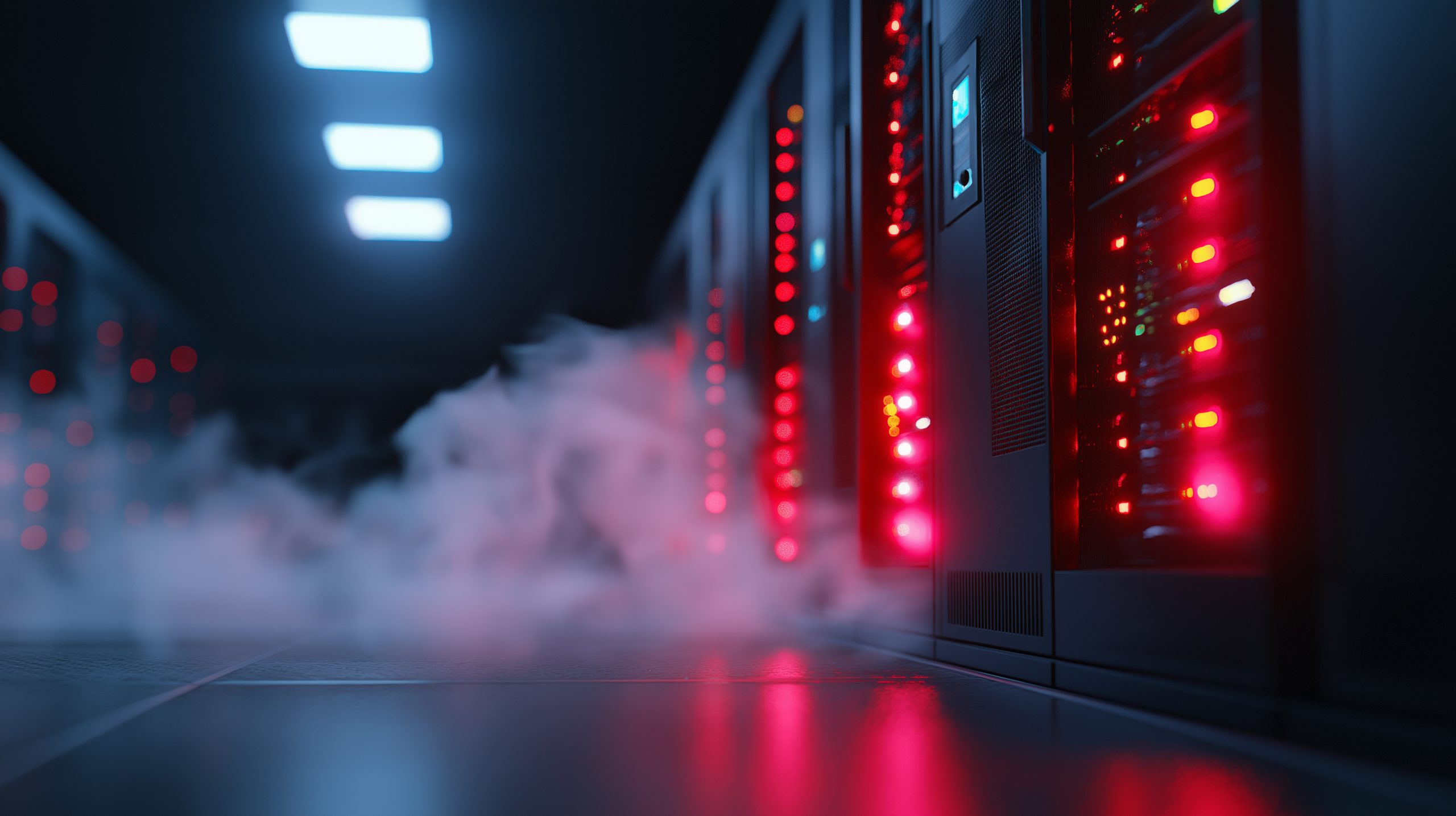Overloaded data center servers with red warning lights and smoke representing system failure and critical infrastructure risk.