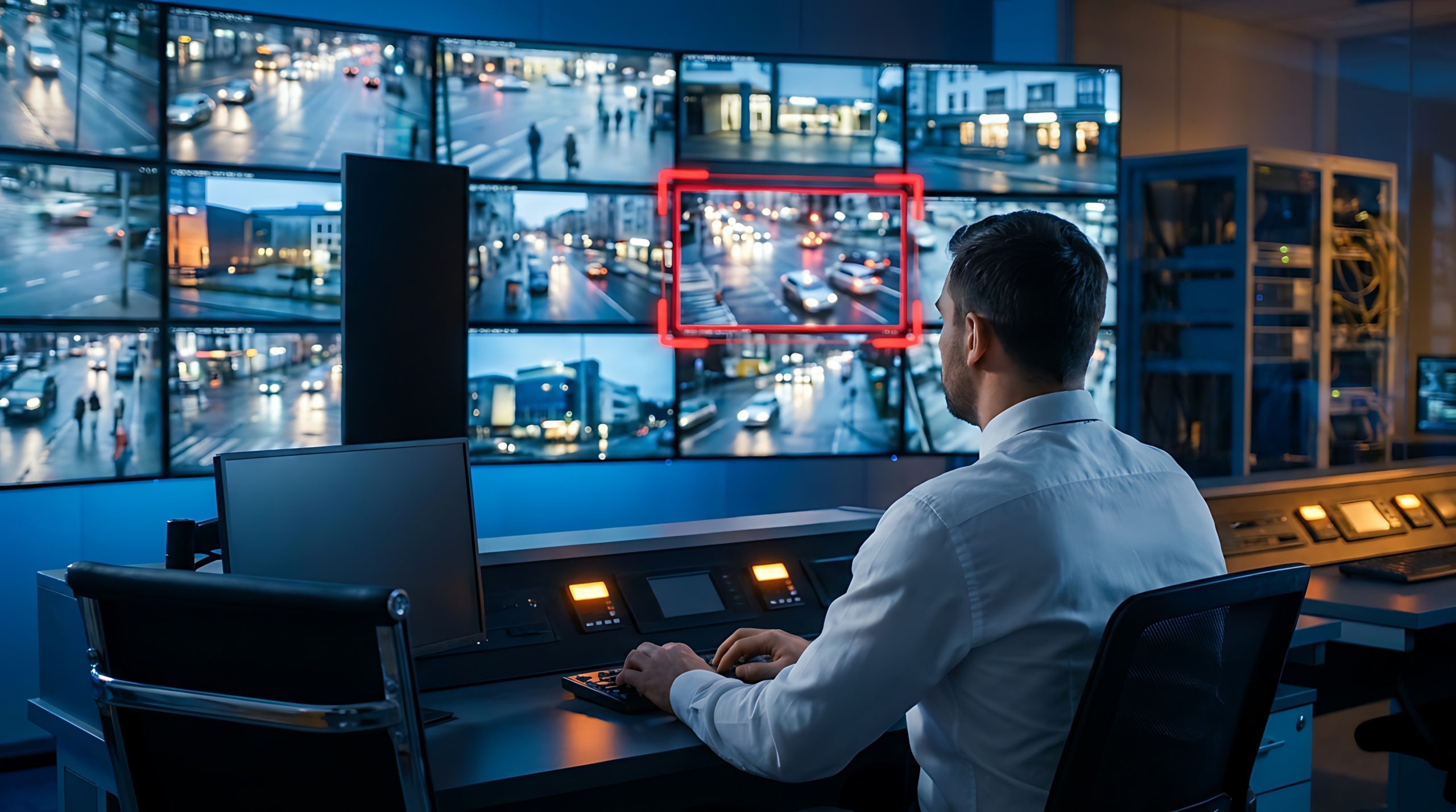 man in security control room monitors screens showing traffic surveillance, urban city night street cameras, crime prevention, technology and monitoring concept.