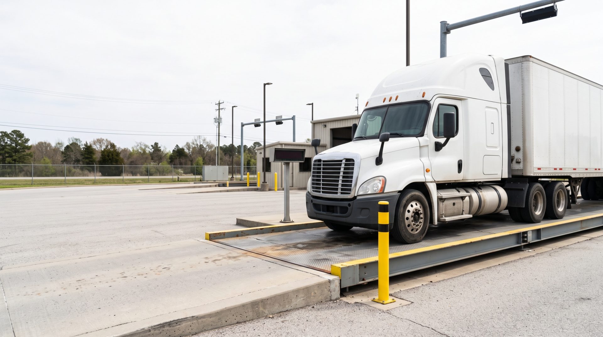 Truck weighing at weigh station on cloudy day
