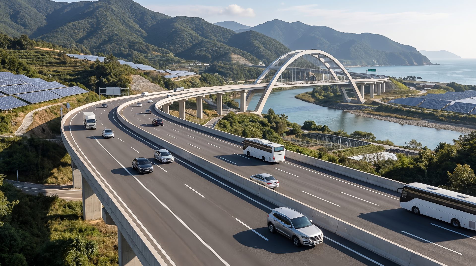 Mountain Road and Bridge Over River Through Scenic City Landscape Under a Dramatic Cloudy Sky