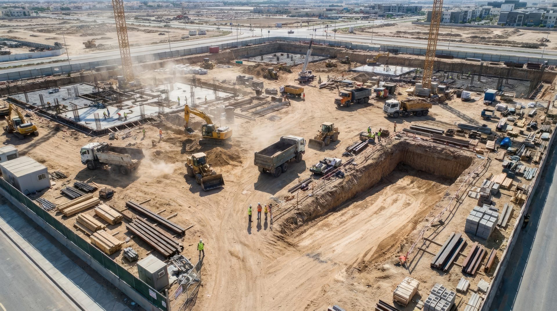 Aerial view of busy construction site with heavy machinery
