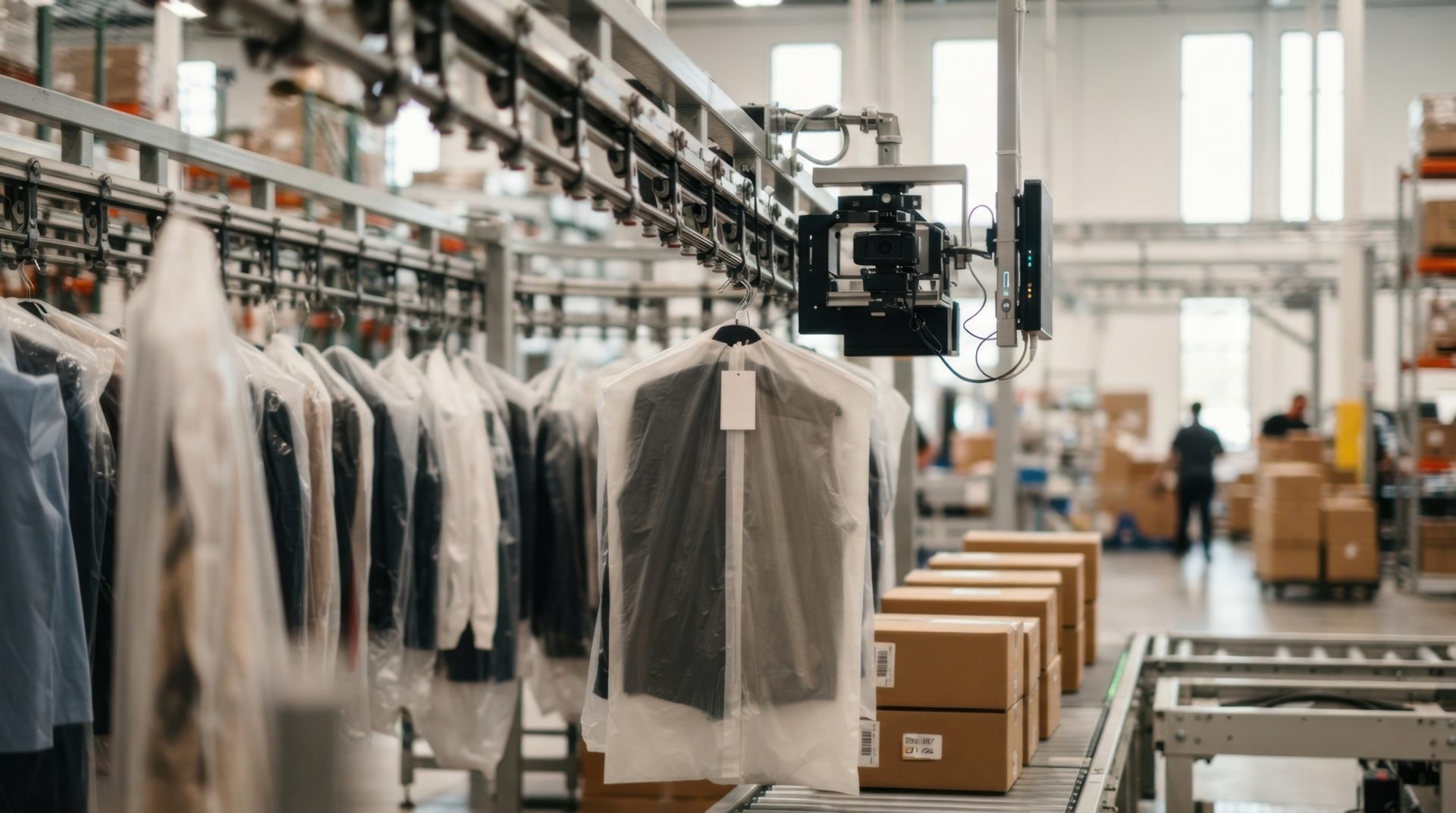 AI fashion logistics in a pristine warehouse with rfid gates, machine-vision cameras, garment rails, and sorted shipping cartons