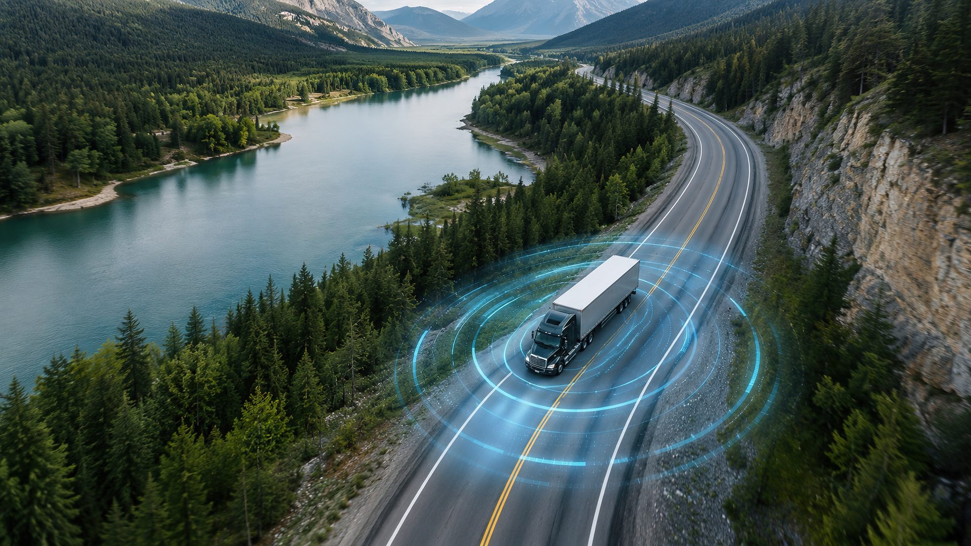 drone view of autonomous truck driving on a scenic highway through green forest with digital sensor waves representing smart logistics, connected transportation and intelligent driving technology.