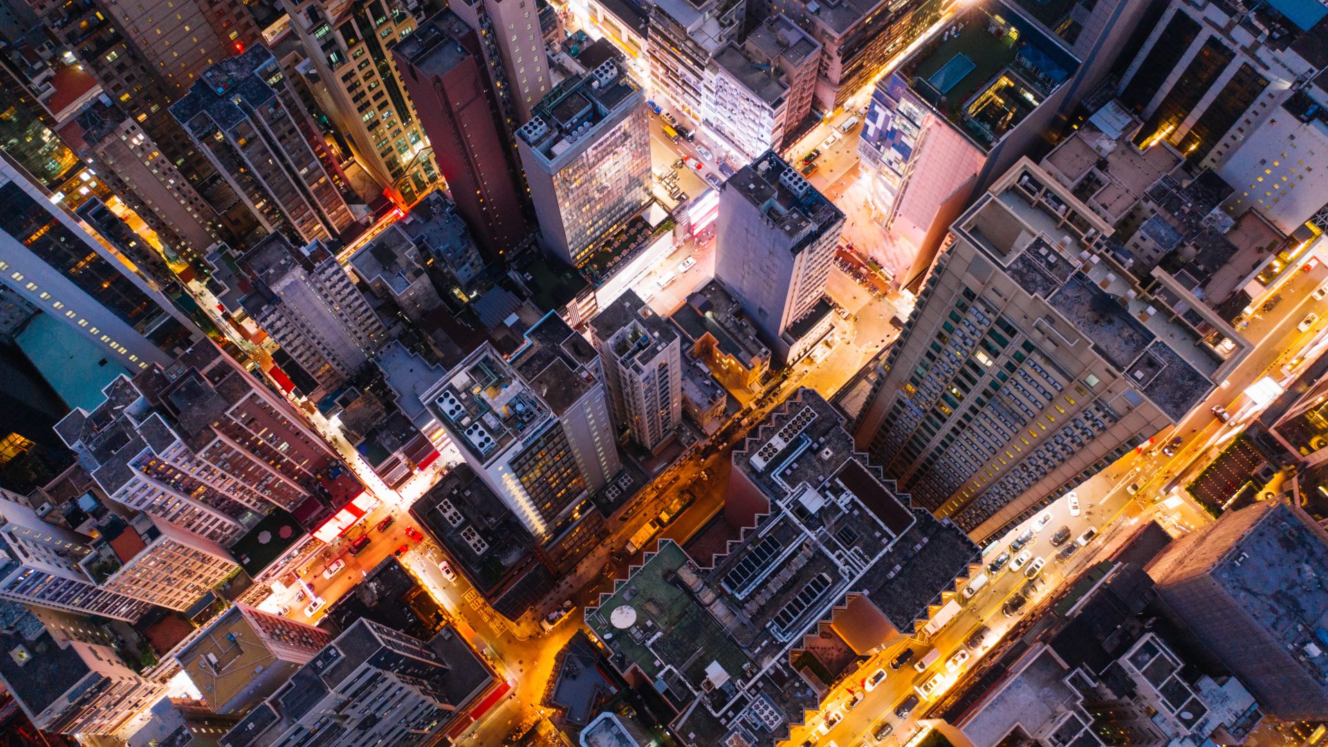 Aerial top view of downtown district  buildings in night city li