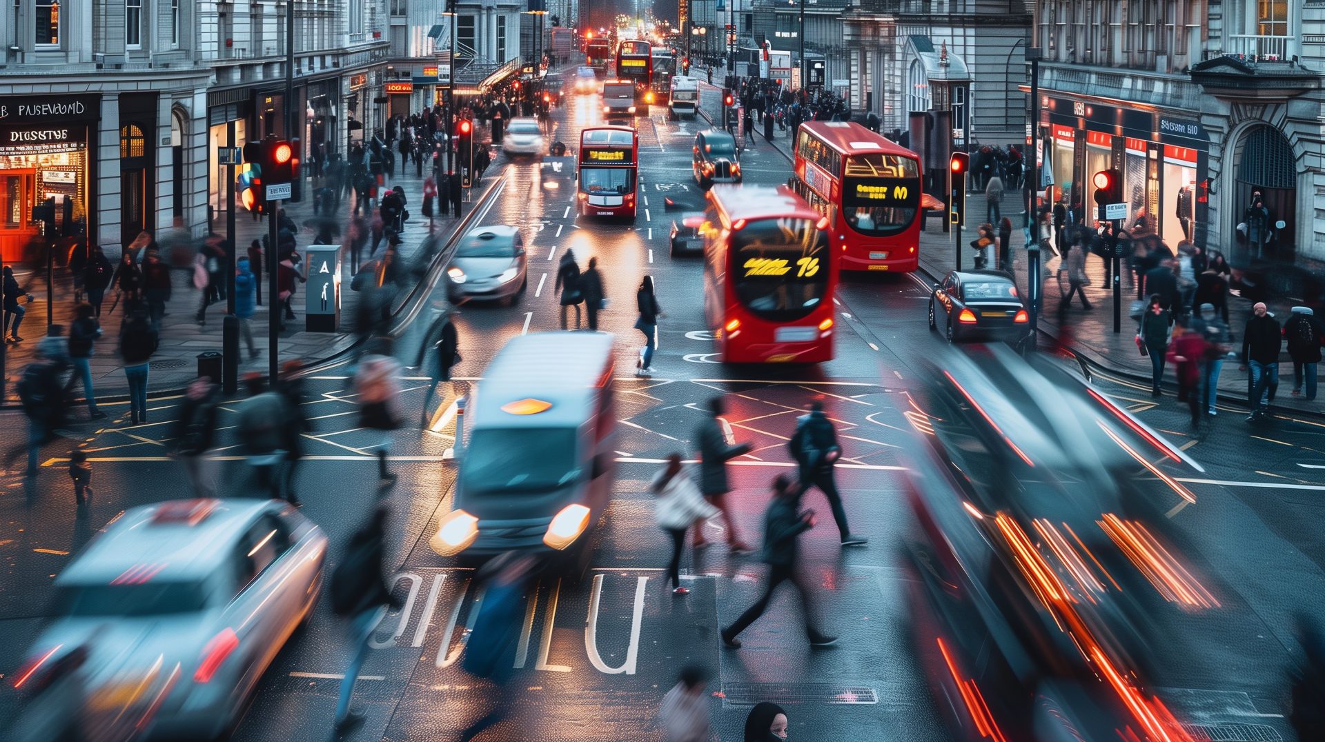 City of London Busy Street Scene: People Crossing Road, Cars, Buses