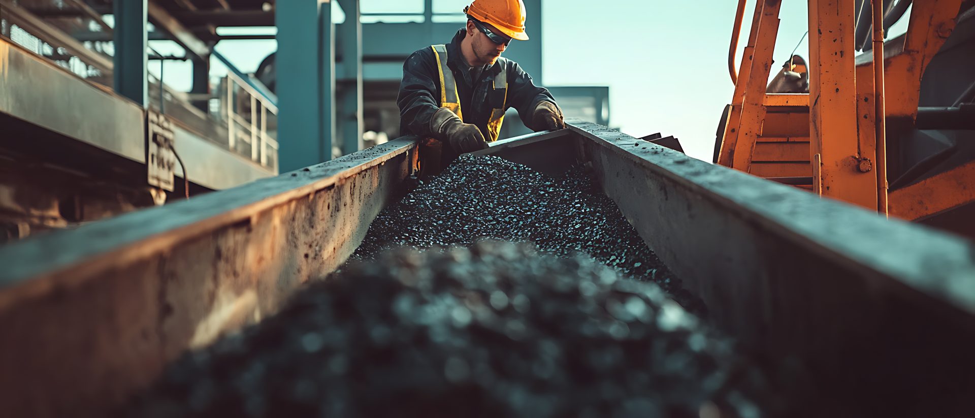 Worker Managing Coal on Industrial Conveyor Belt