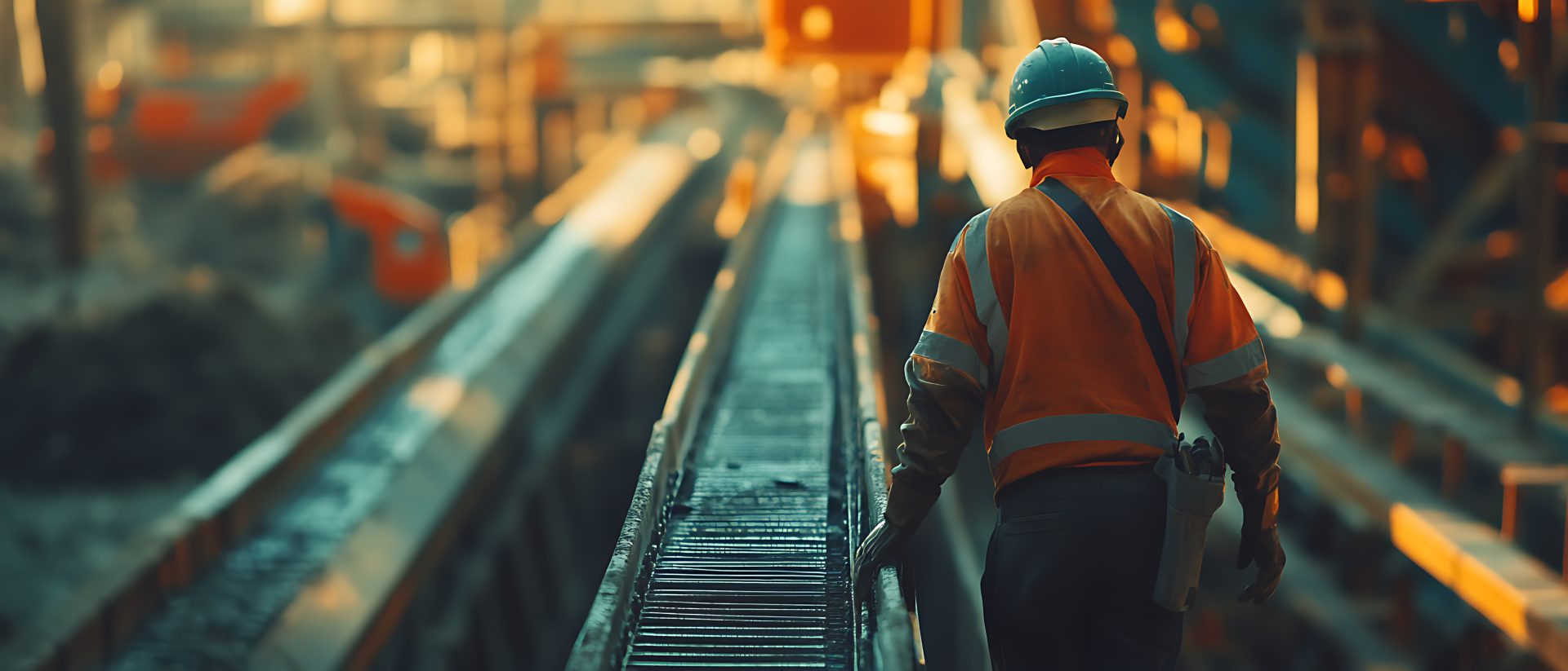 Worker in Hard Hat Walking on Industrial Conveyor Belt