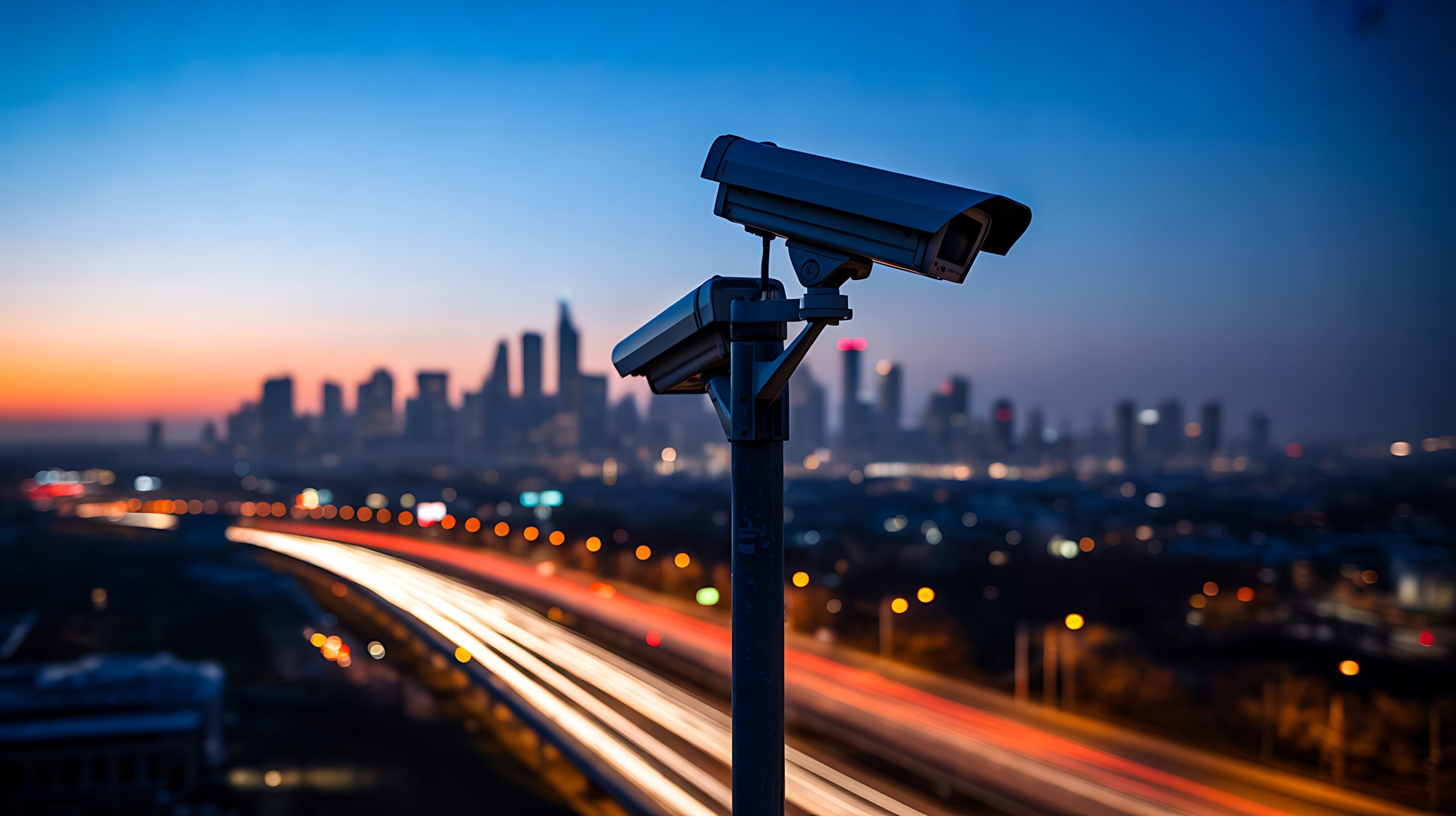 Security surveillance camera monitoring city highway at sunset