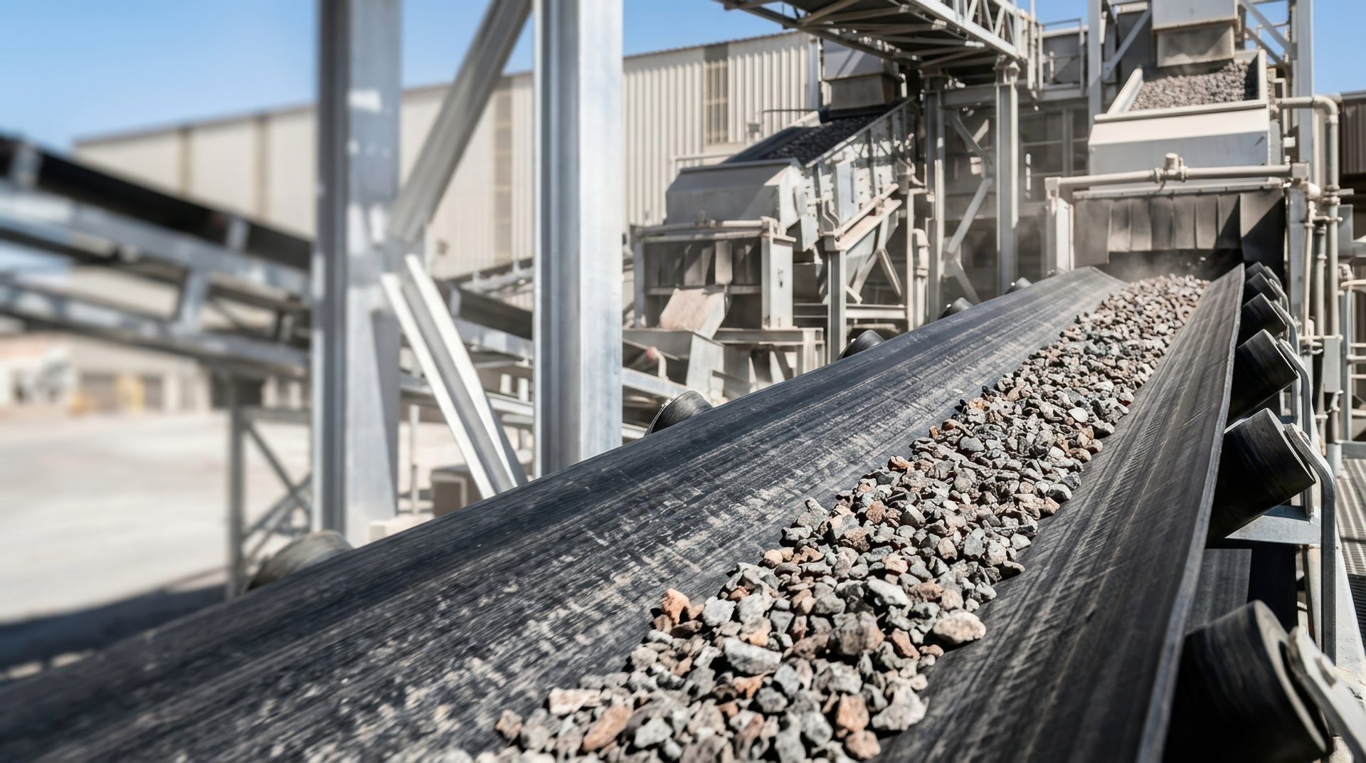 Stone conveyor industrial aggregate transport production ai logistics network conveyor transporting stone aggregate through industrial plant